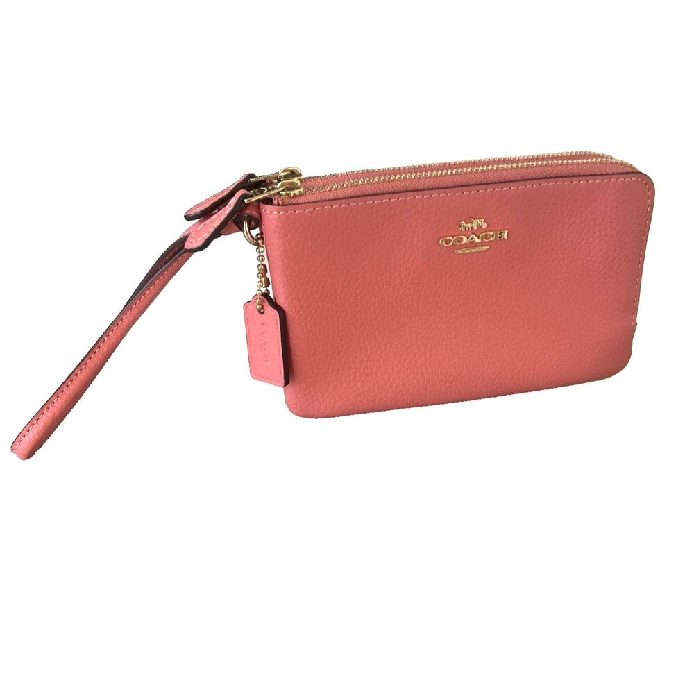 Coach 87590 Double Corner Zip Wristlet Coral Pink Pebbled Leather Gold Hardware